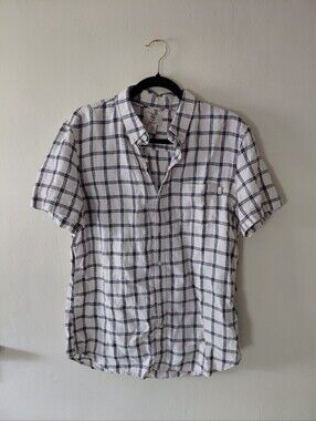 Timberland Mens Slim Fit Large 100% Linen Check Shirt Navy White Short Sleeve